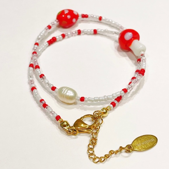 lamp work mushroom & strawberry bead glass seed bead fresh water Pearl necklace - Picture 4 of 4